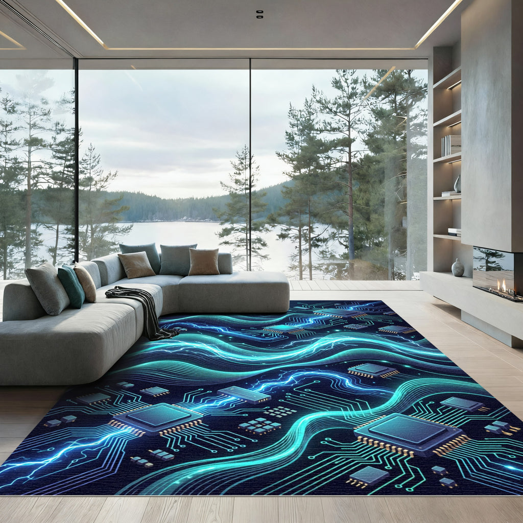 Electric Circuitry Glowing Neon Waves Rug