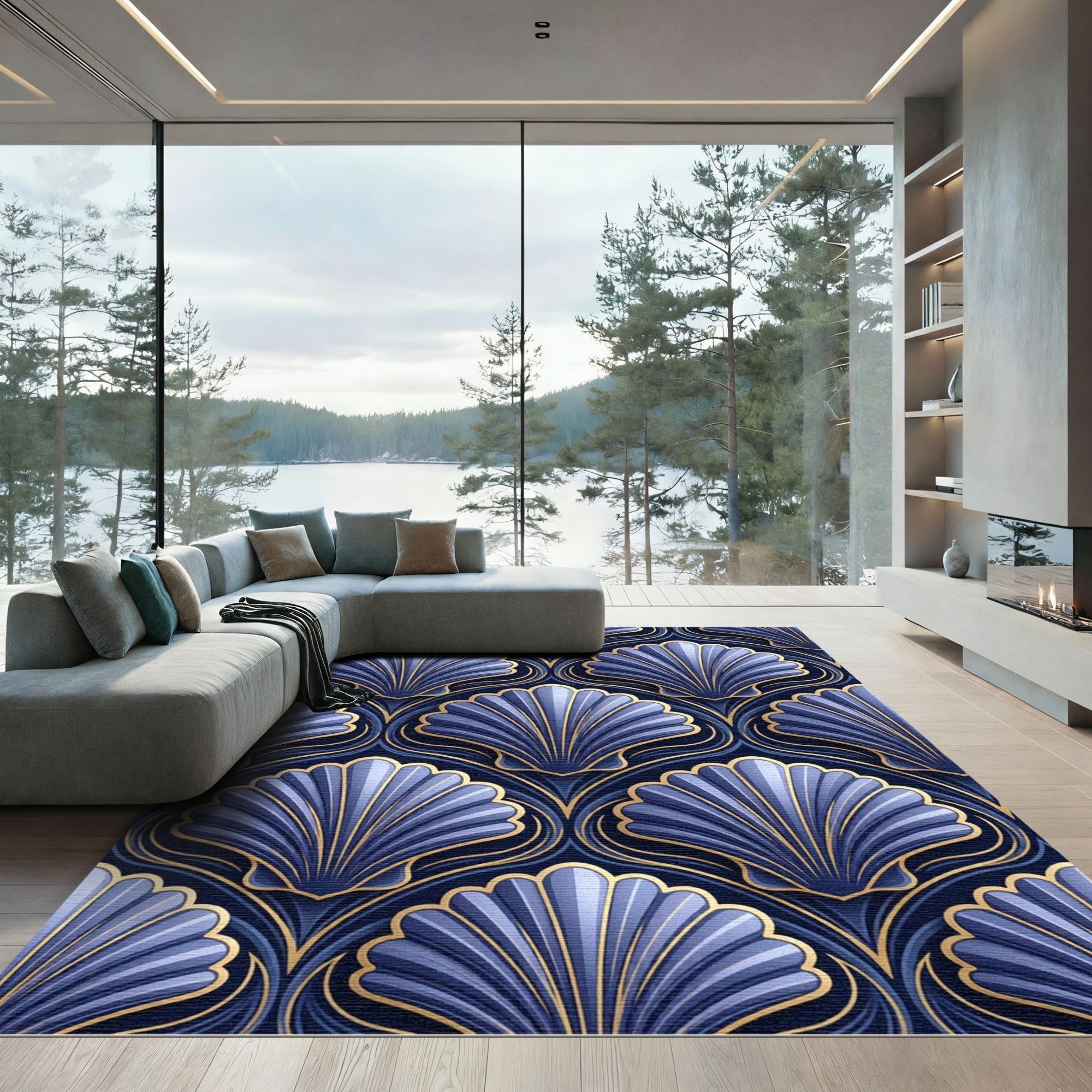 Art Deco Blue Gold Shell Medallion Rug
