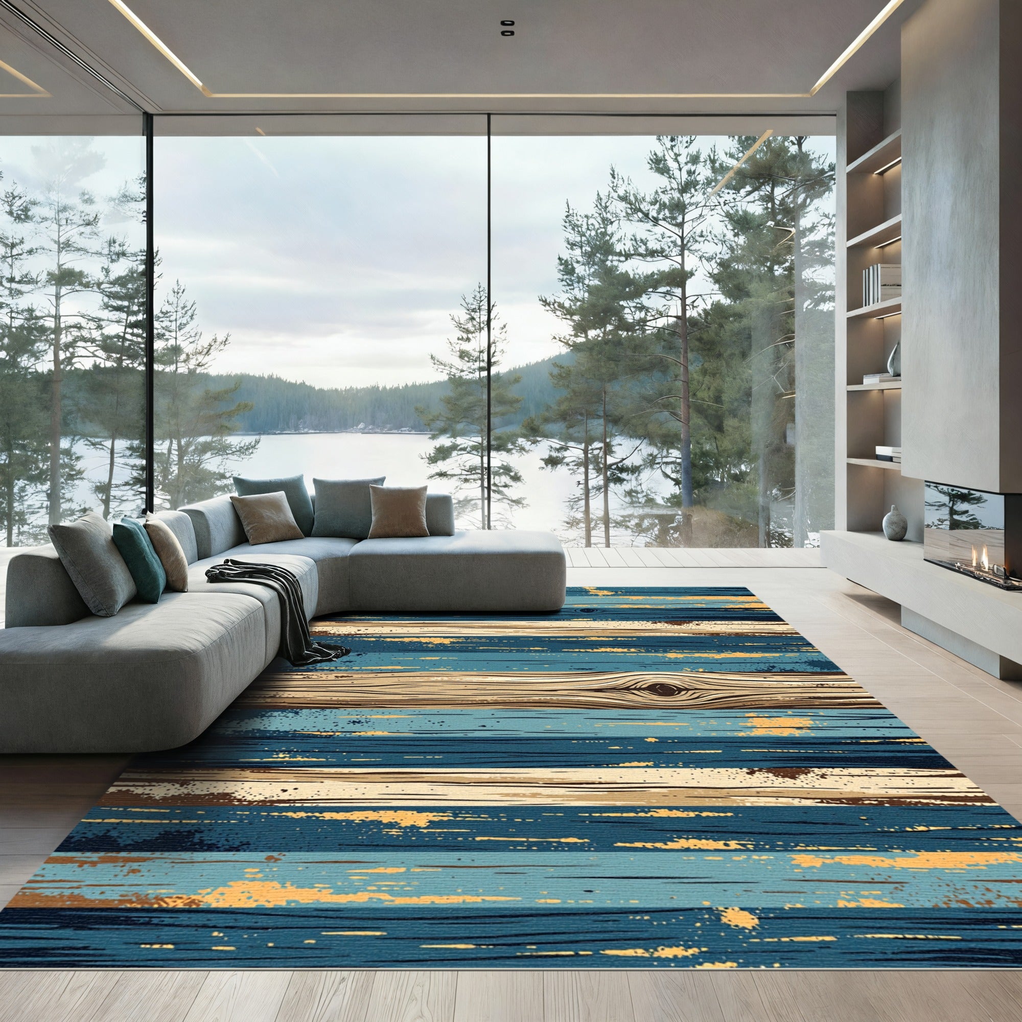 Rustic Weathered Blue and Gold Striped Wood Rug