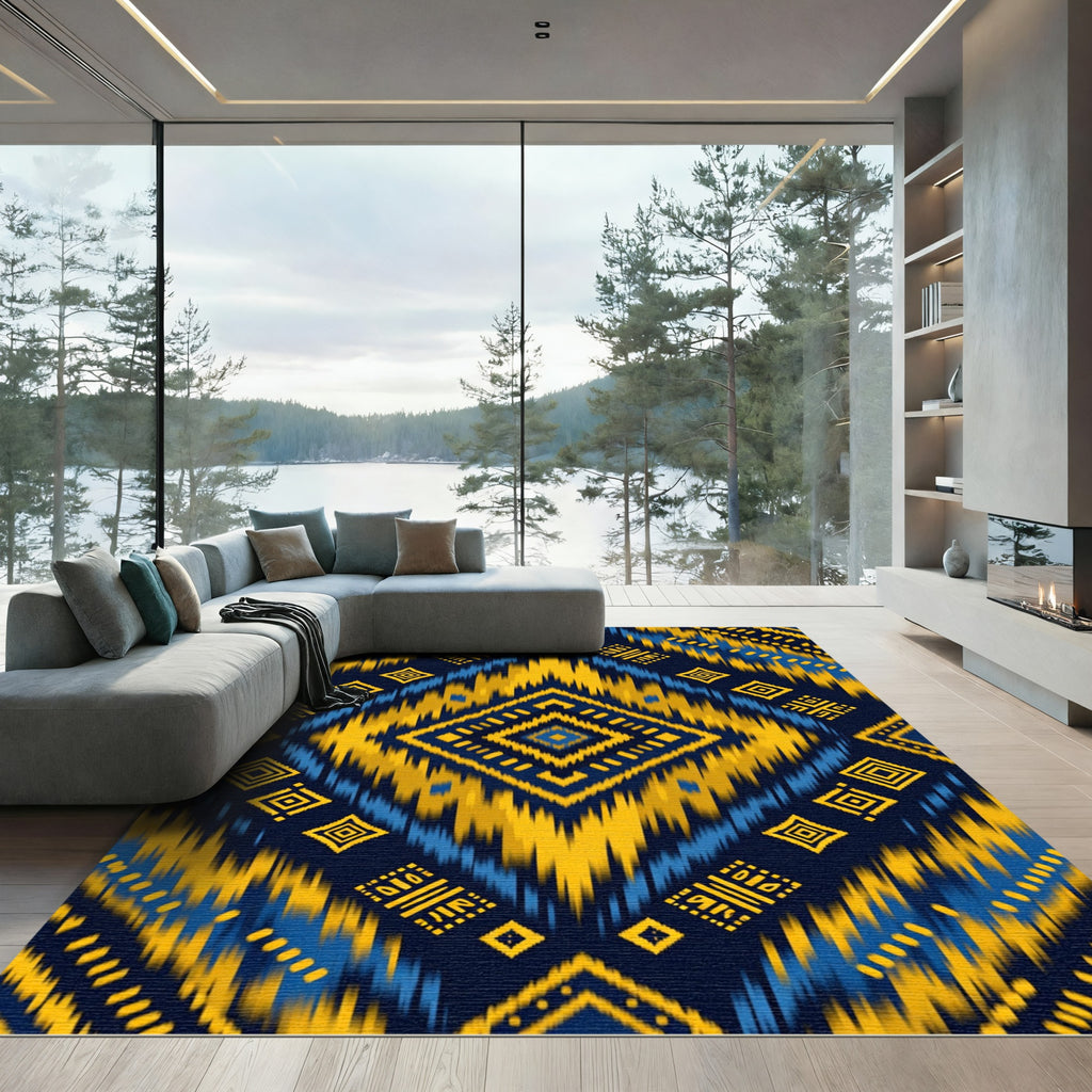 Bold Gold Blue Geometric Diamond Rug