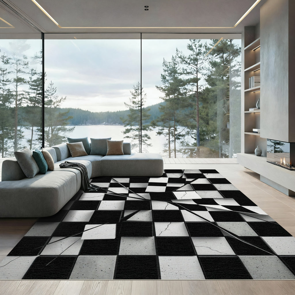 Cracked Black White Chessboard Squares Rug