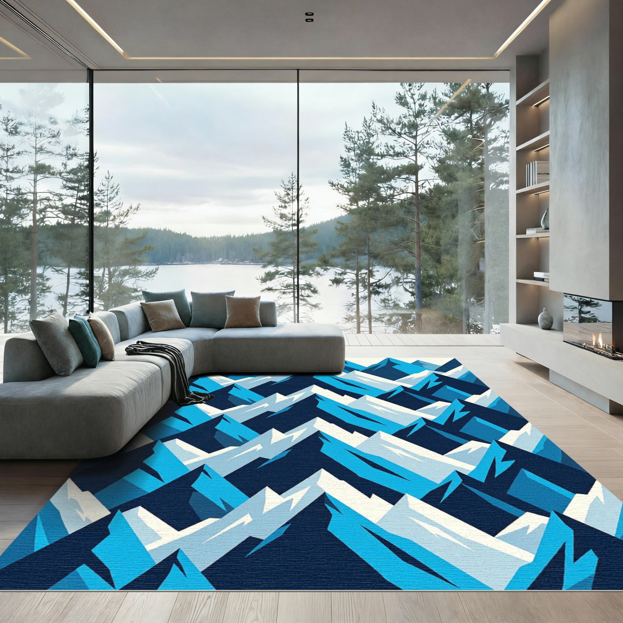 Winter Peaks Cool Tones Mountain Scape Rug