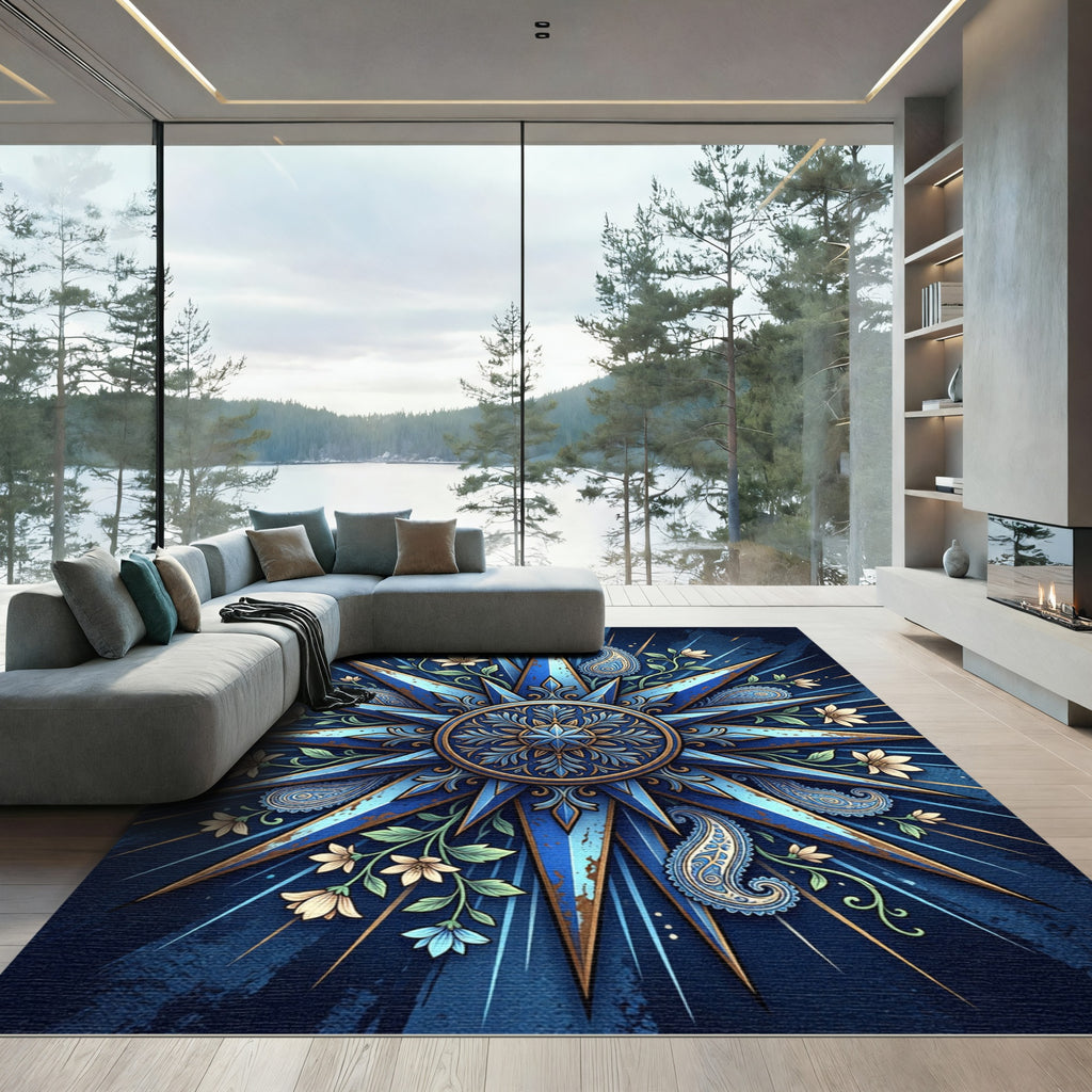 Midnight Blue Celestial Star Paisley Floral Medallion Rug