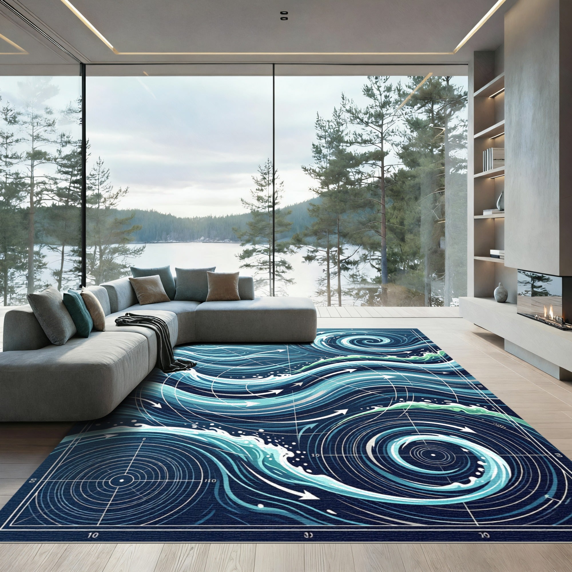 Abstract Navy Flowing Currents Swirl Rug