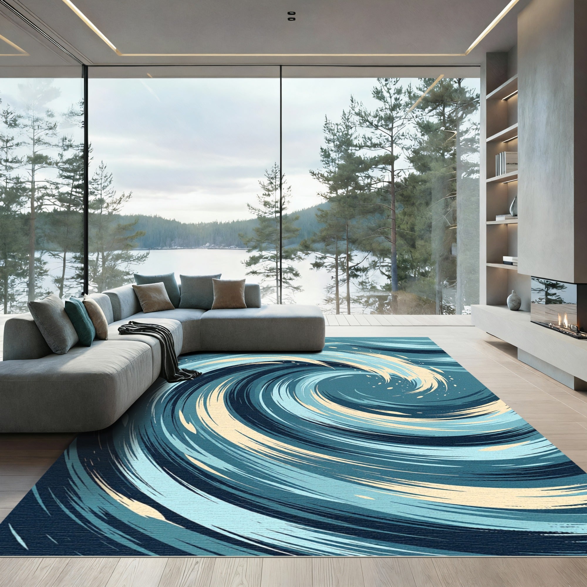 Abstract Deep Blue Swirling Ocean Wave Rug