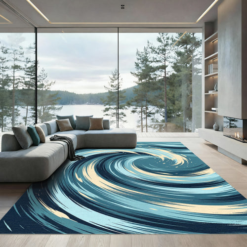 Abstract Deep Blue Swirling Ocean Wave Rug