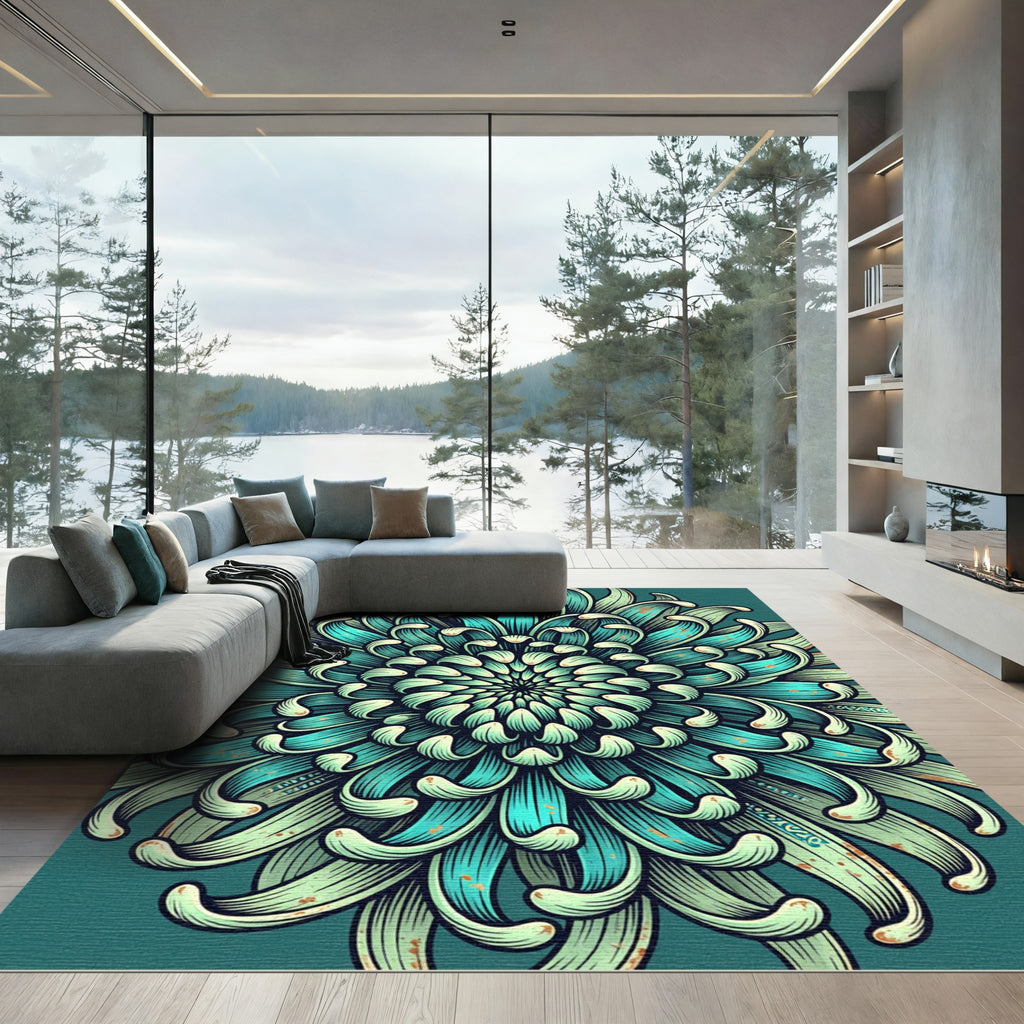 Teal Chrysanthemum Botanical Mandala Scroll Rug