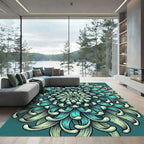 Teal Chrysanthemum Botanical Mandala Scroll Rug