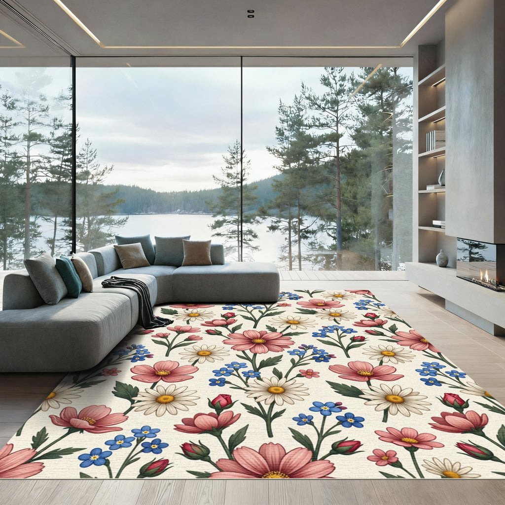 Pink Daisy Forget Me Not Garden Rug