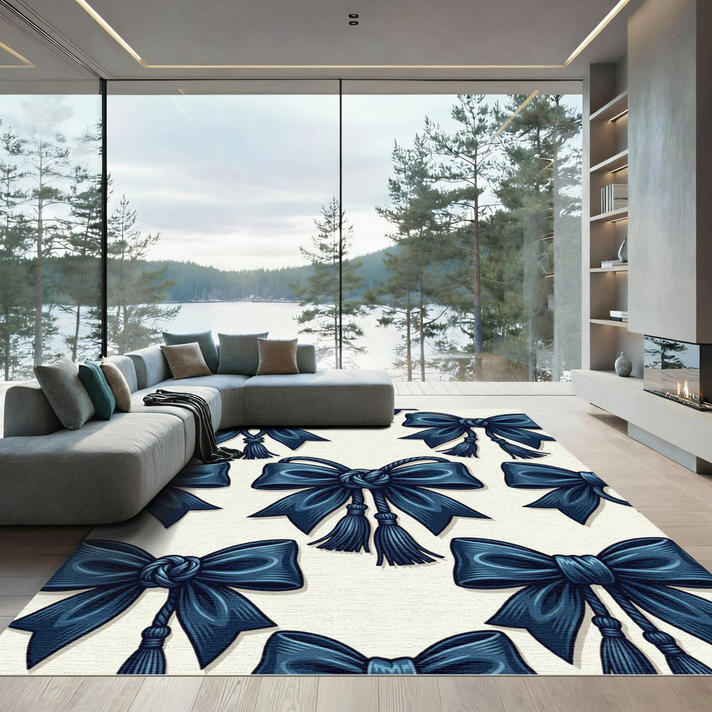 Elegant Navy Blue Tasseled Ribbon Knot Rug