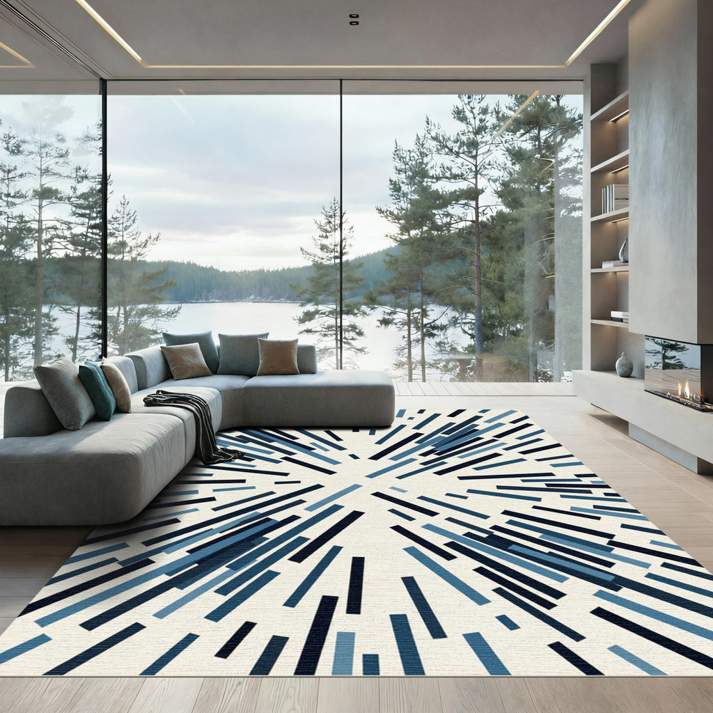 Modern Navy Blue Abstract Radial Lines Rug