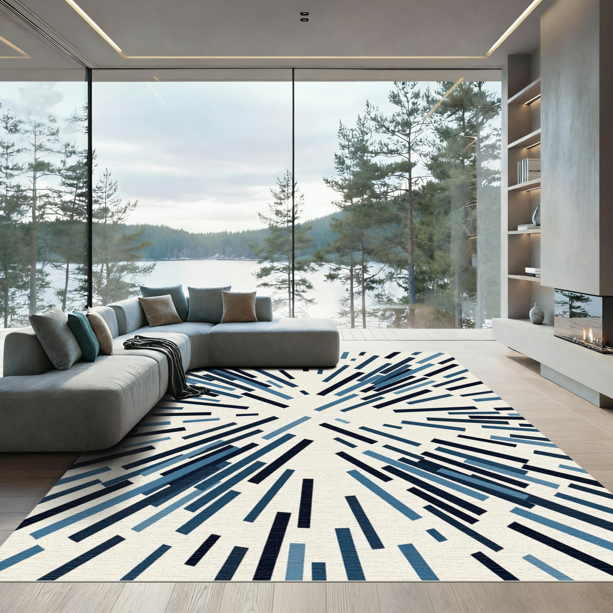 Modern Navy Blue Abstract Radial Lines Rug