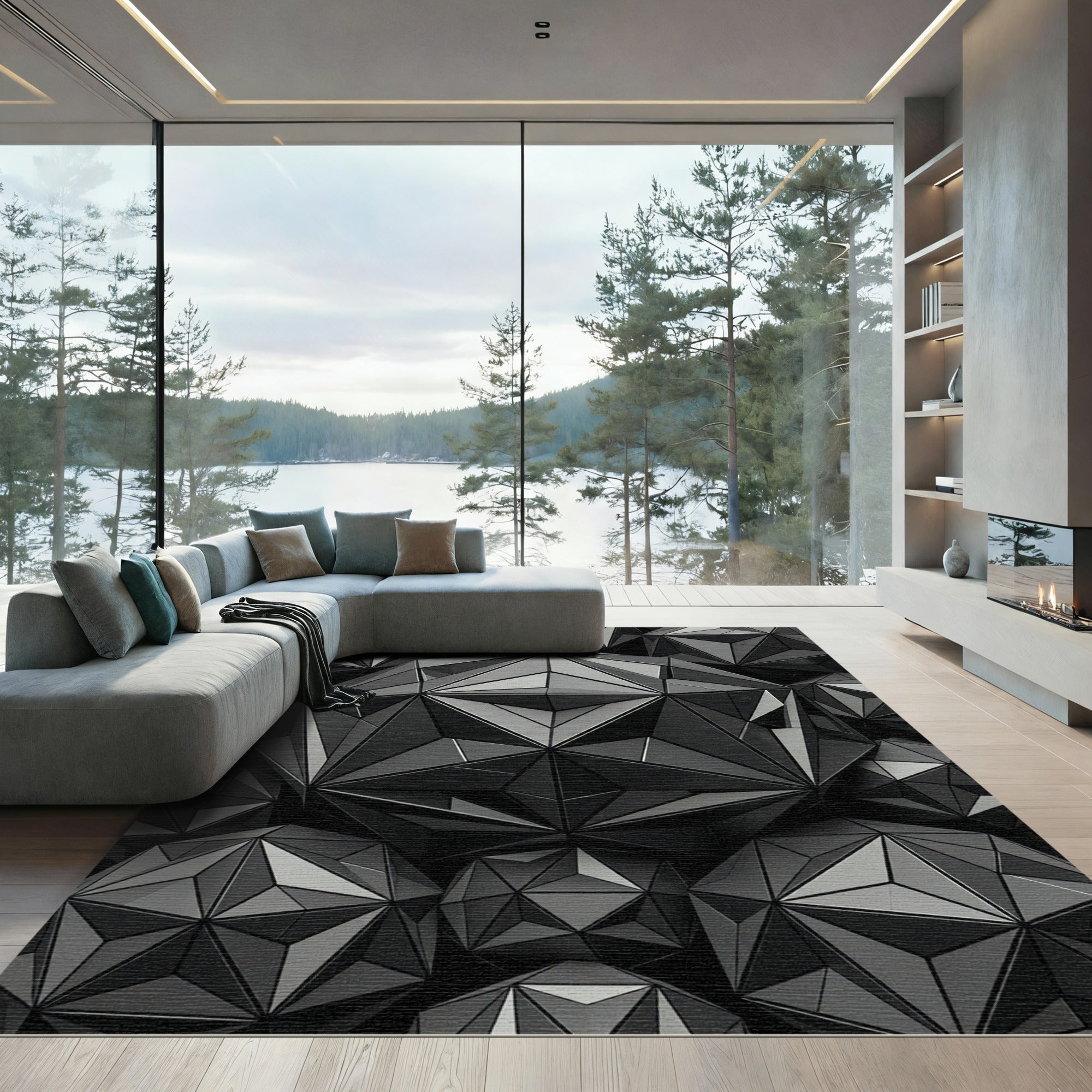 Monochromatic Faceted Geometric Sphere Art Rug