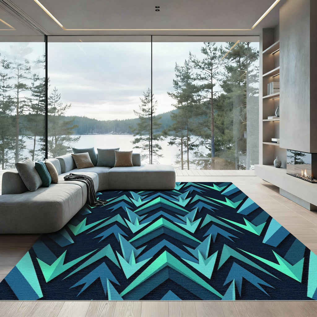 Deep Teal Chevron Jagged Layered Rug