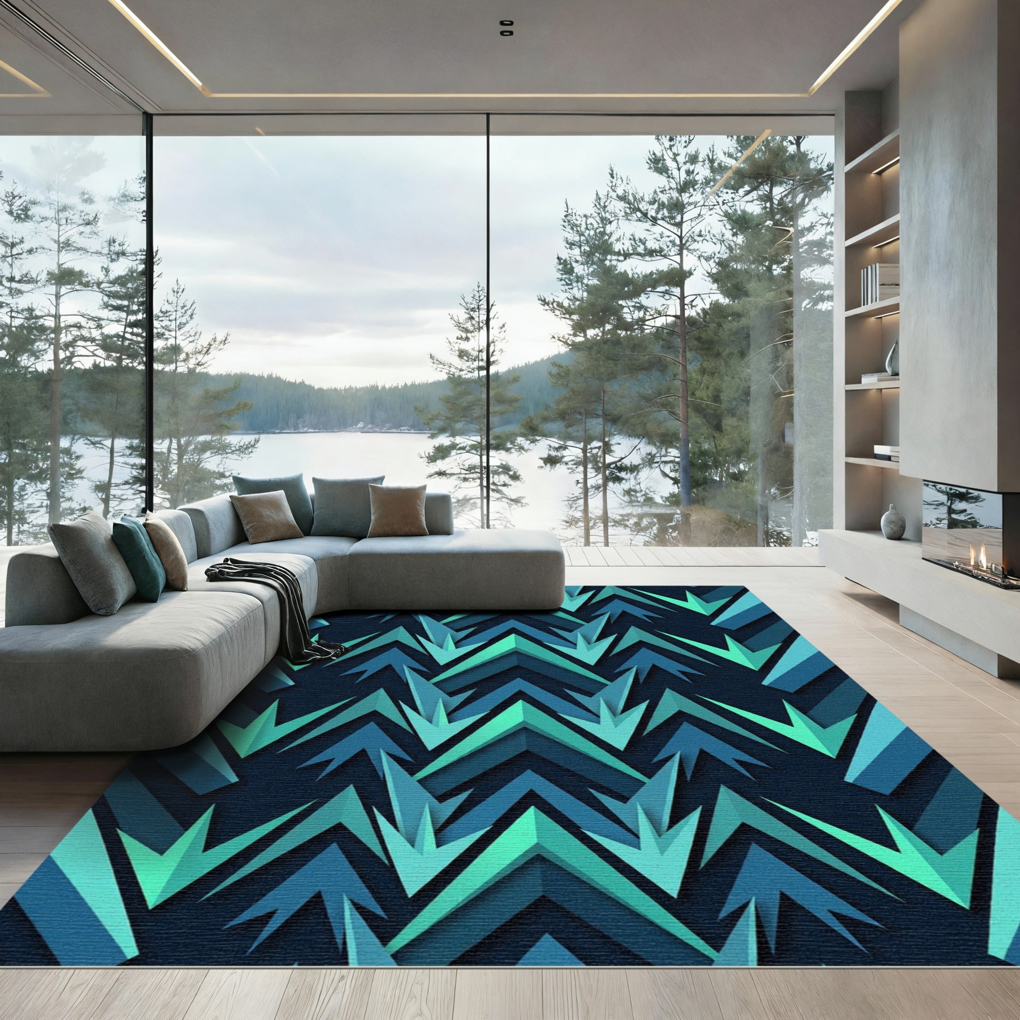 Deep Teal Chevron Jagged Layered Rug