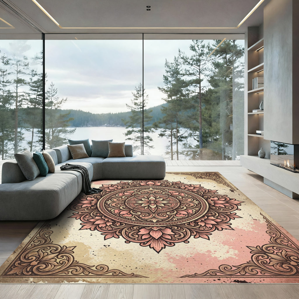Vintage Peach Floral Mandala Art Rug