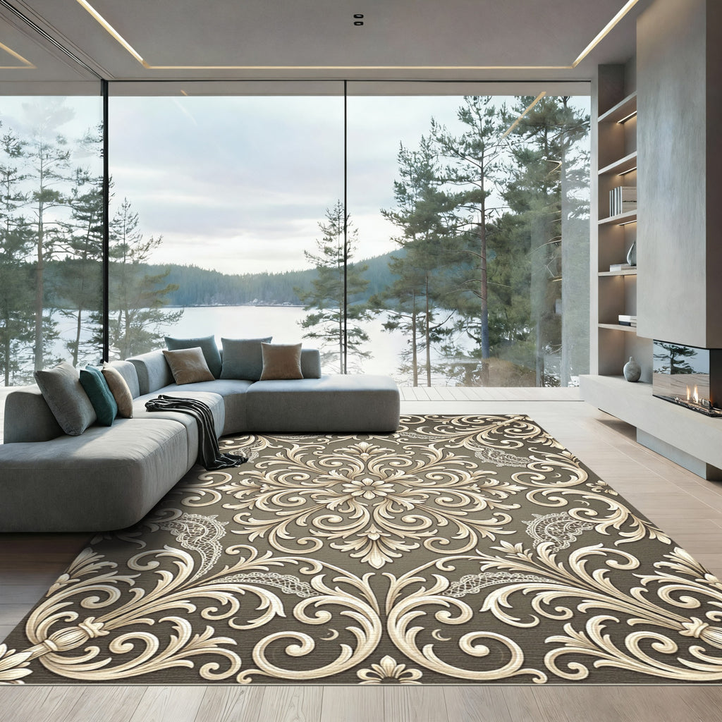 Ornate Beige Scrollwork Lace Rug