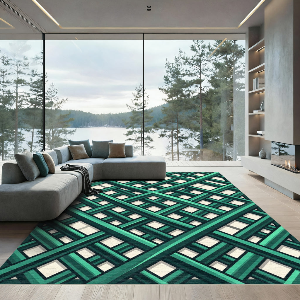 Deep Teal Interlocking Geometric Lattice Rug