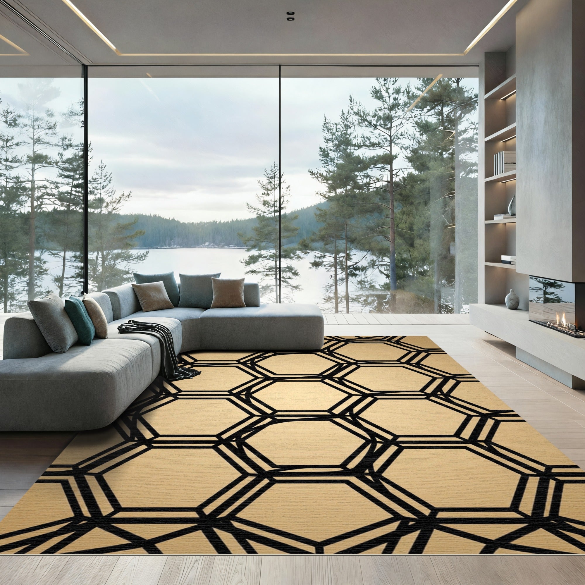 Sophisticated Gold Geometric Hexagon Rug
