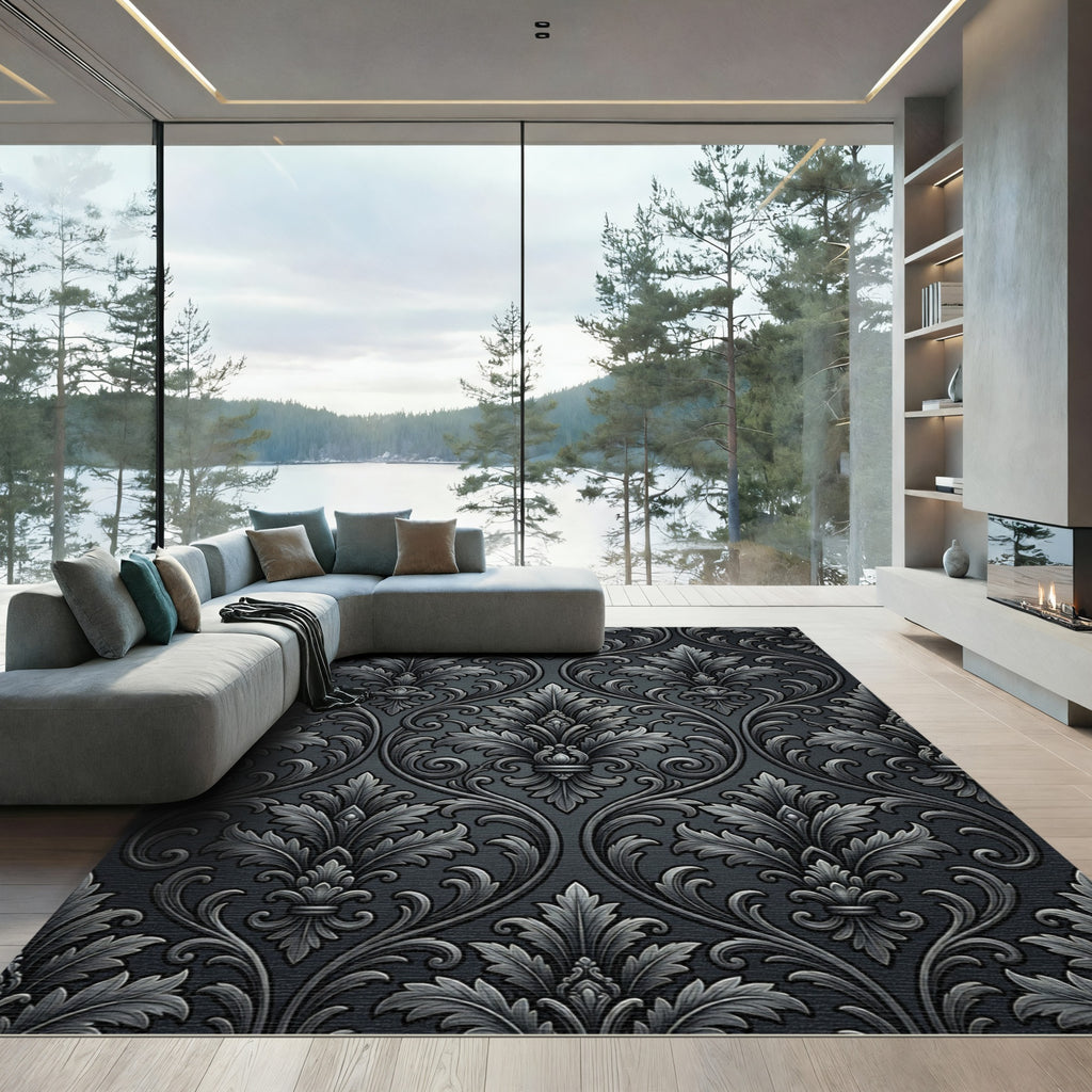 Dark Gray Damask Ornamental Scroll Rug