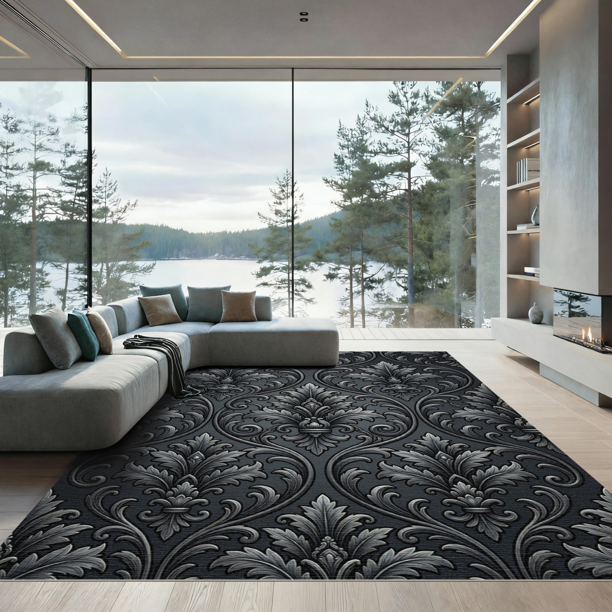 Dark Gray Damask Ornamental Scroll Rug