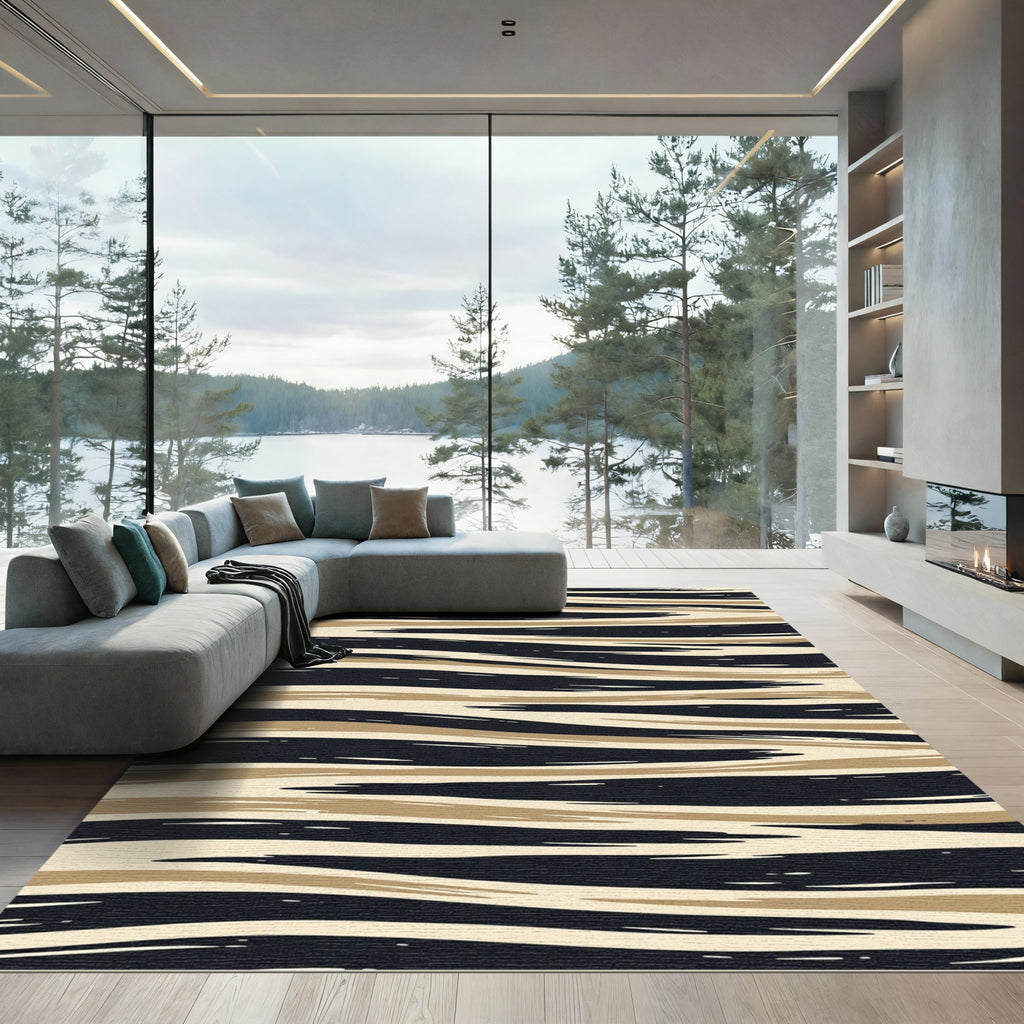 Abstract Tan Black Wave Stripe Rug