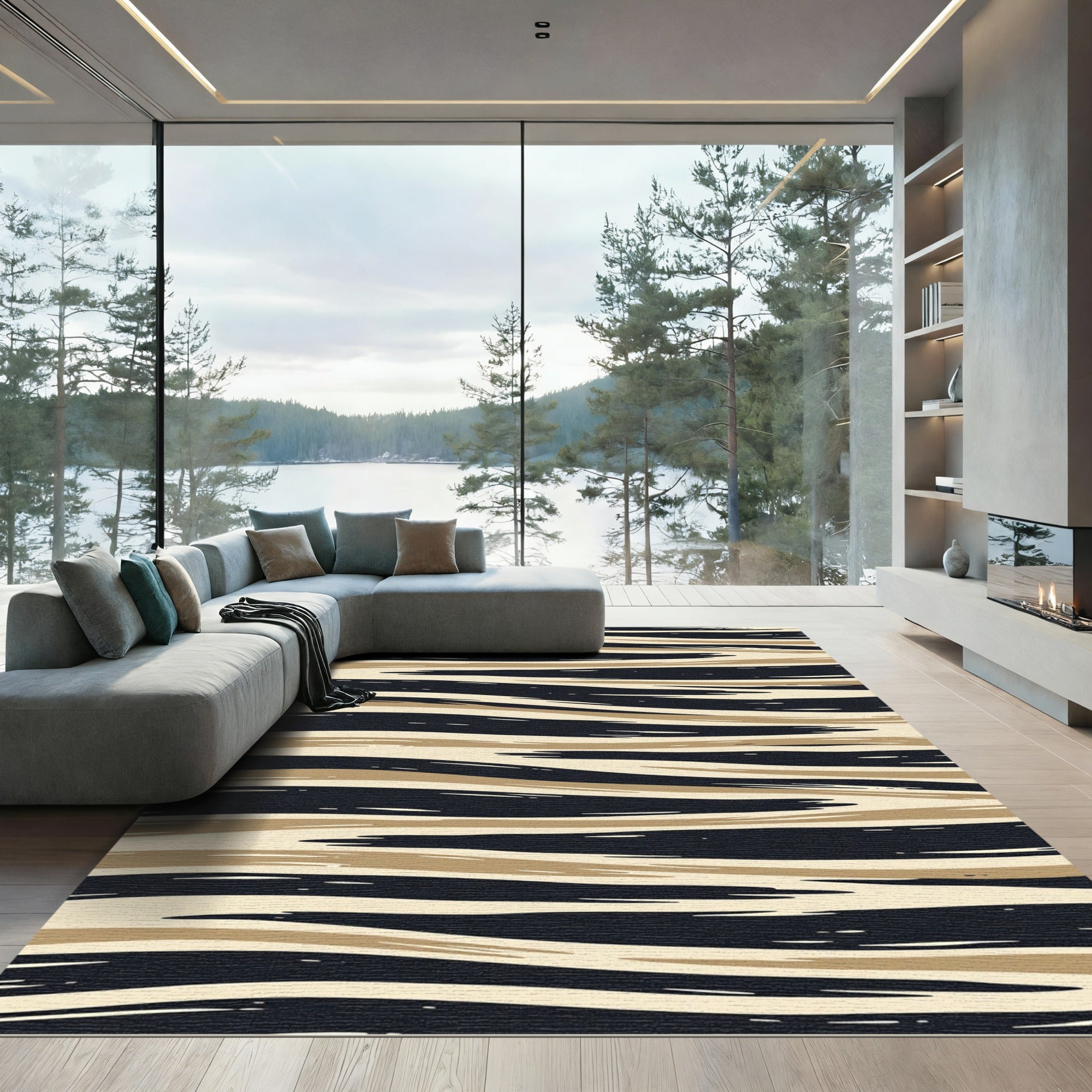 Abstract Tan Black Wave Stripe Rug