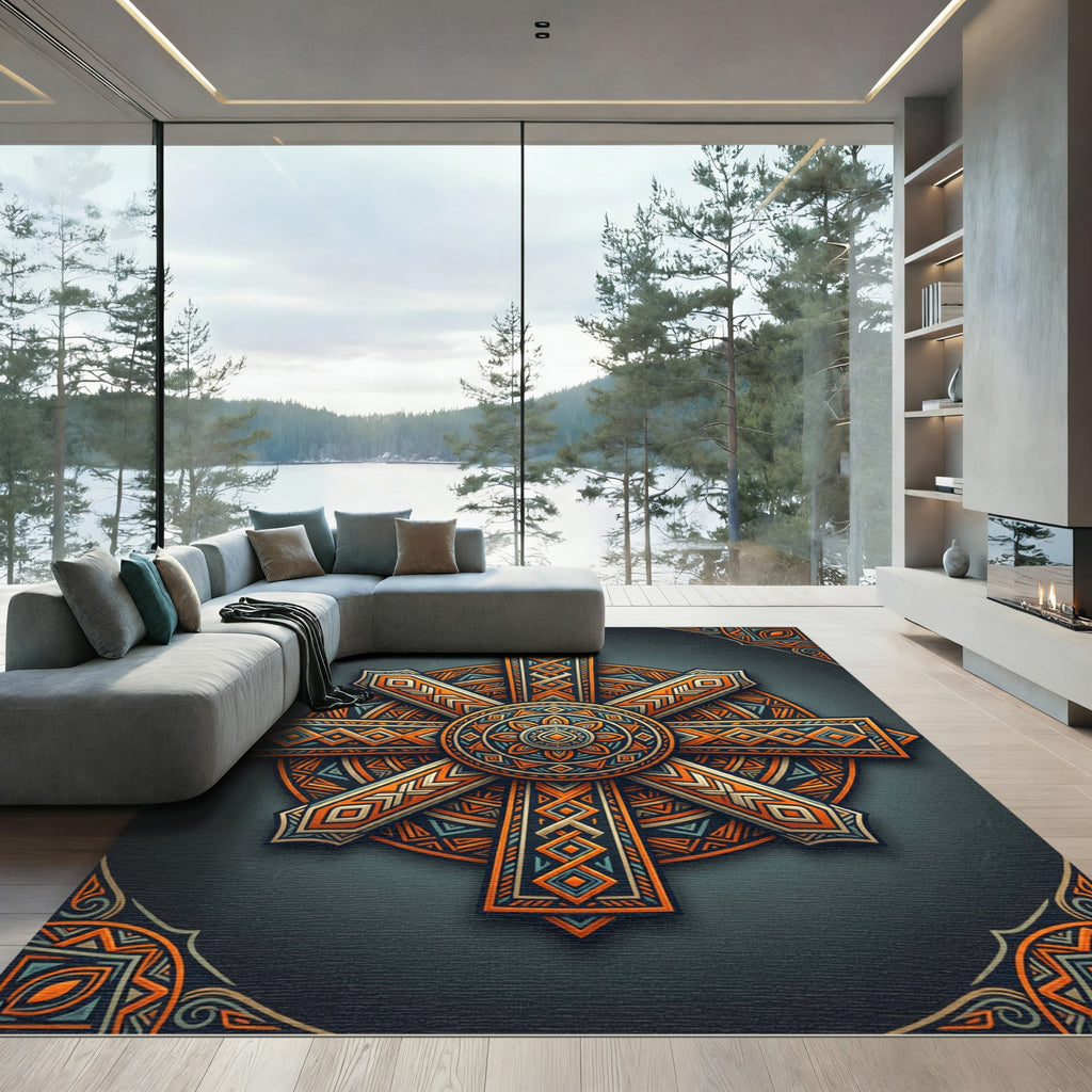 Geometric Amber Sun Radial Mandala Rug