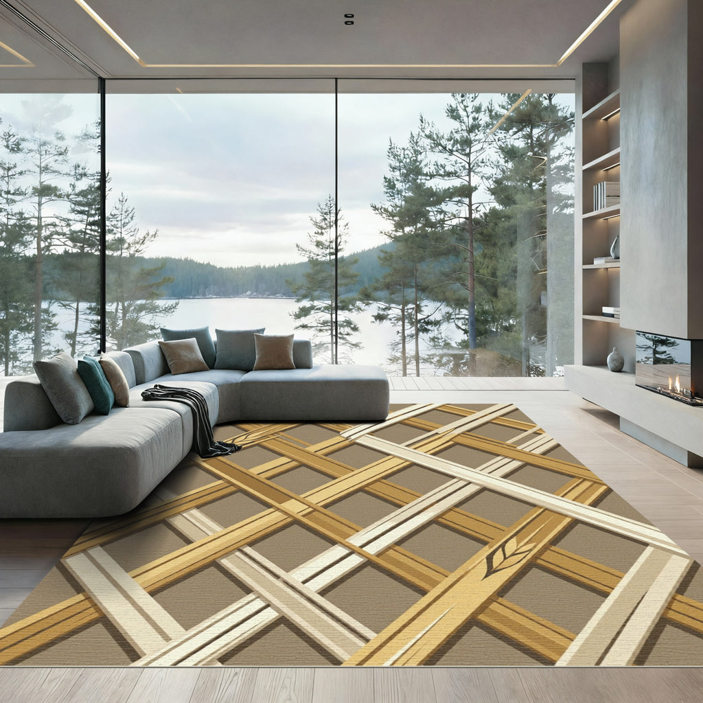 Earthy Gold Woven Wheat Lattice Rug
