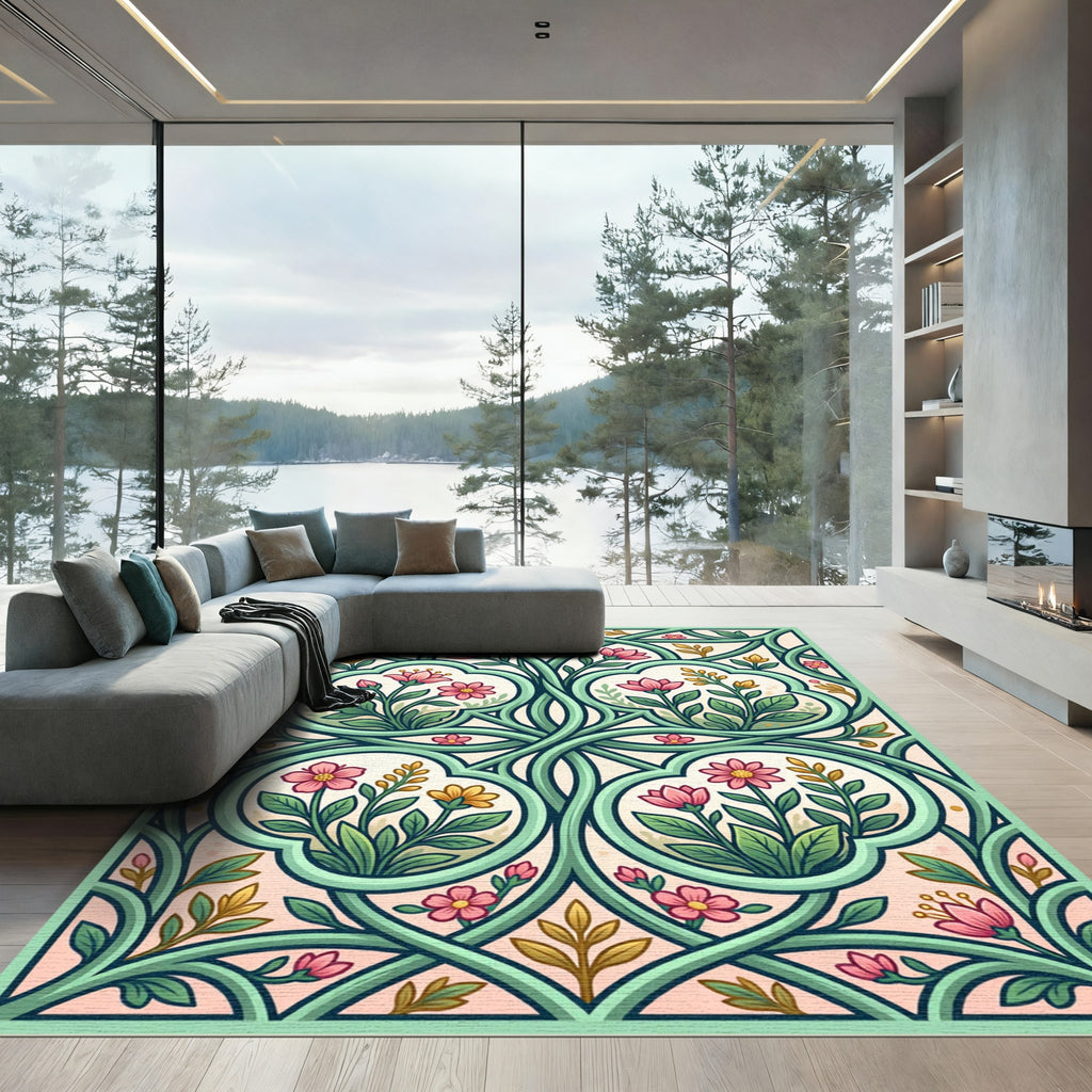 Vintage Pink Blossom Botanical Lattice Rug
