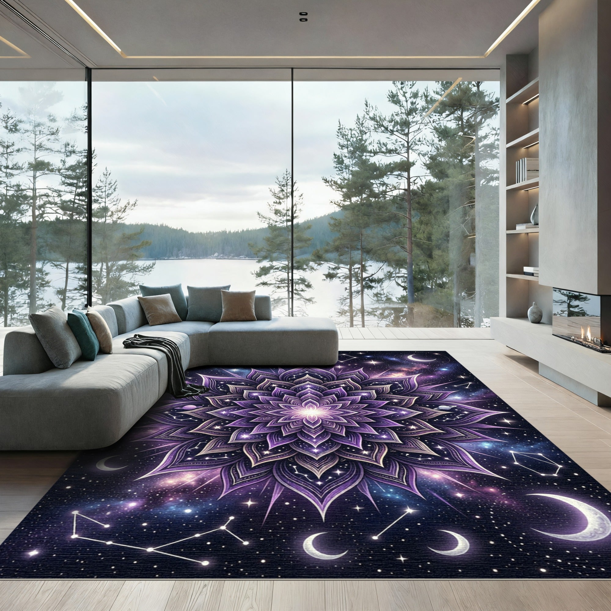 Celestial Purple Lotus Galaxy Mandala Rug