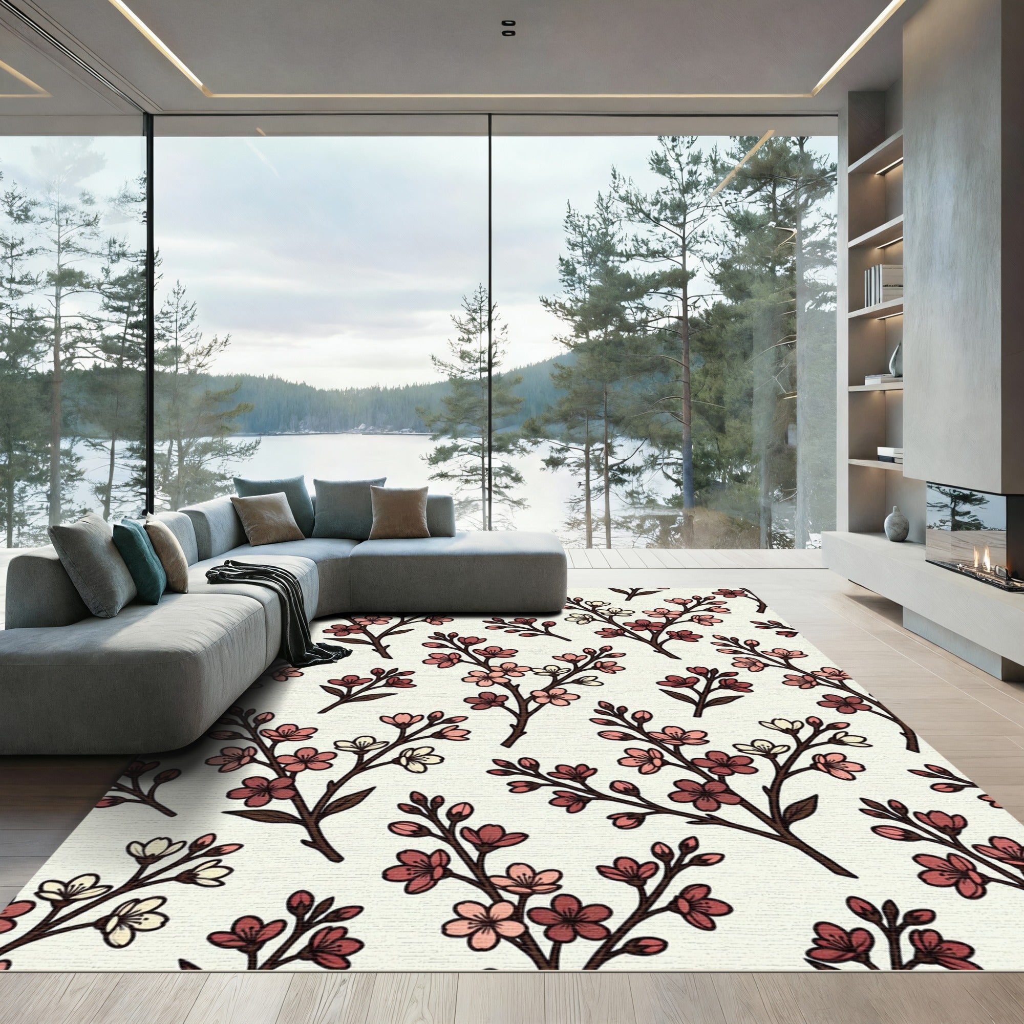 Pink Blossom Branch Repeating Pattern Rug