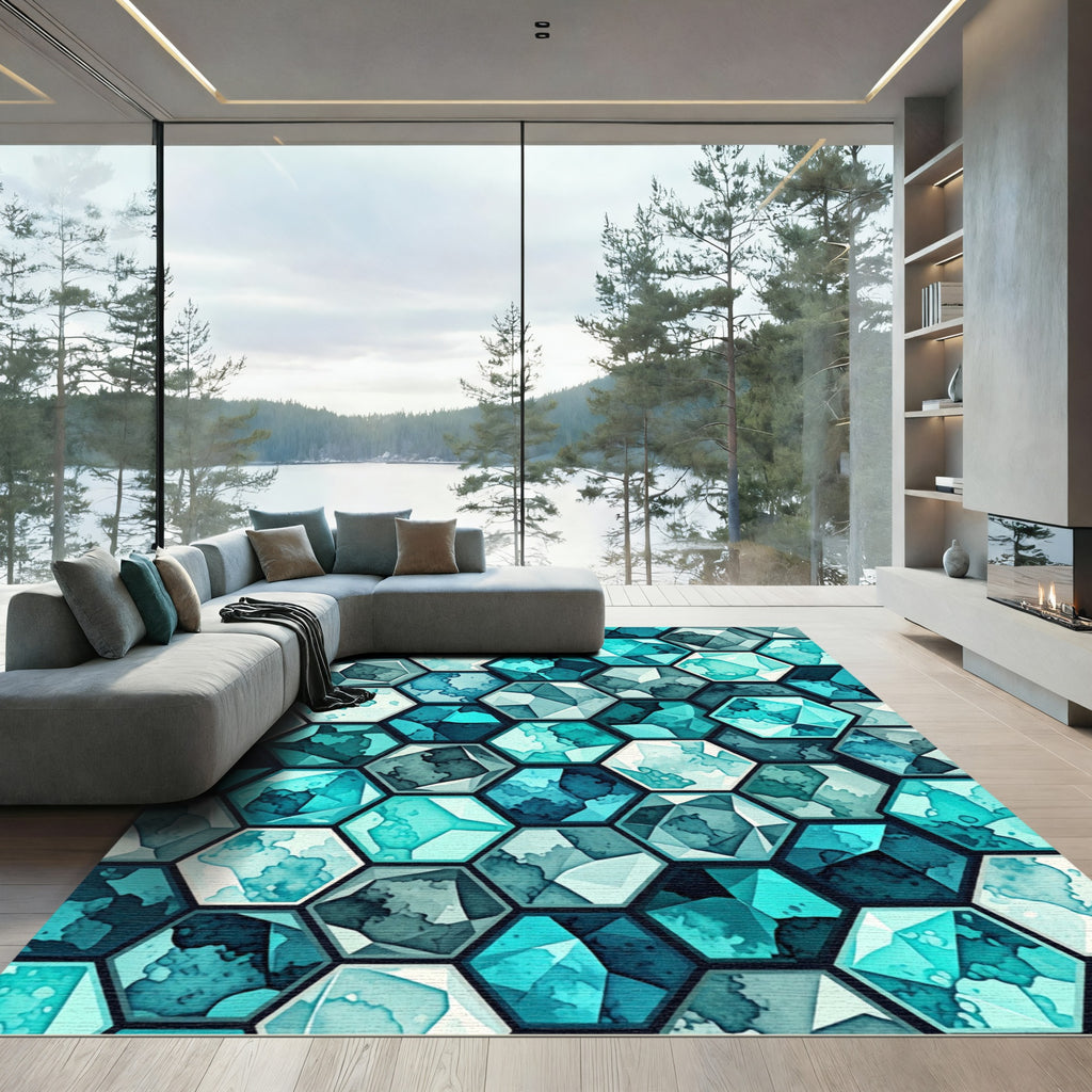 Teal Watercolor Geometric Hexagon Mosaic Rug