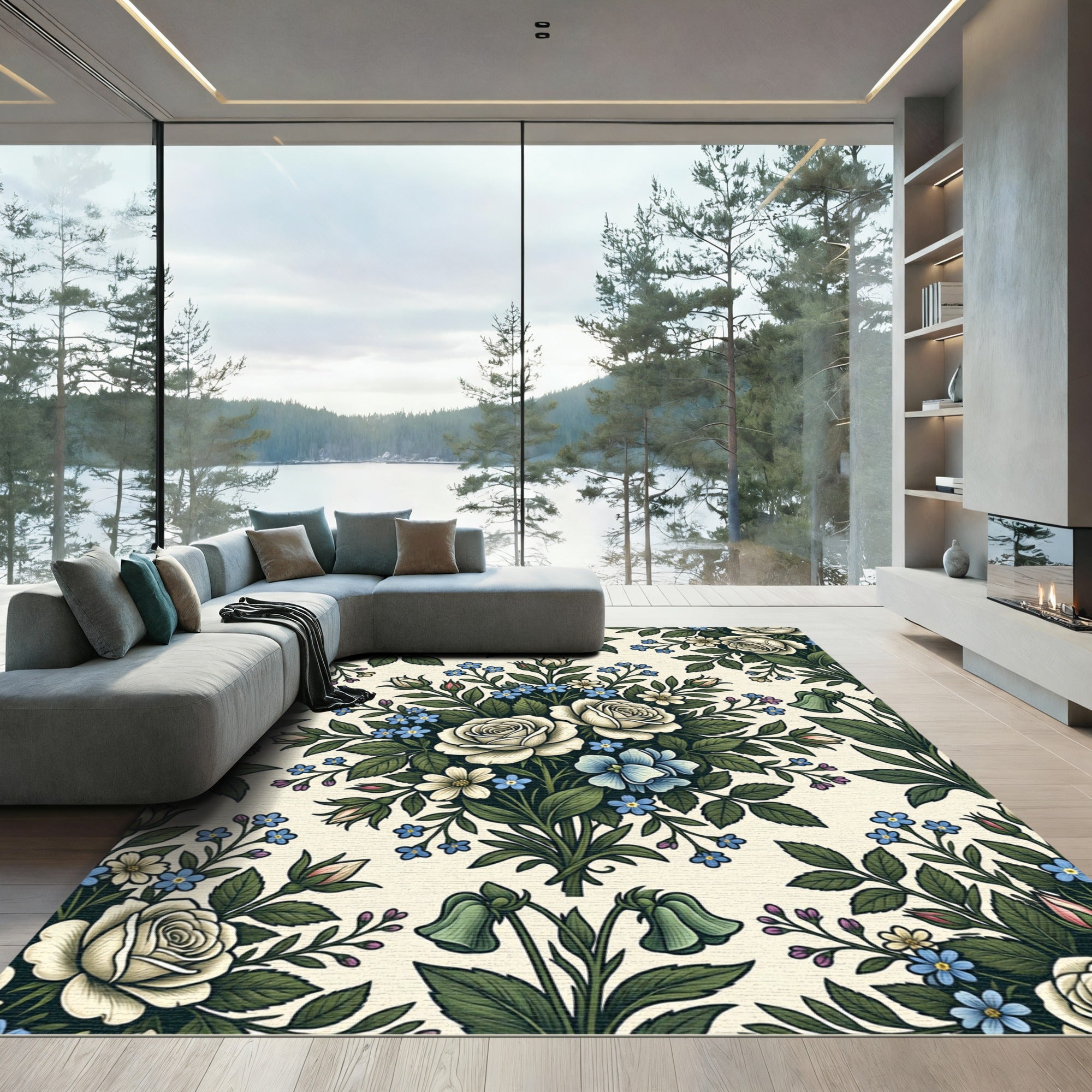 Elegant Cream Rose and Blue Floral Garden Rug