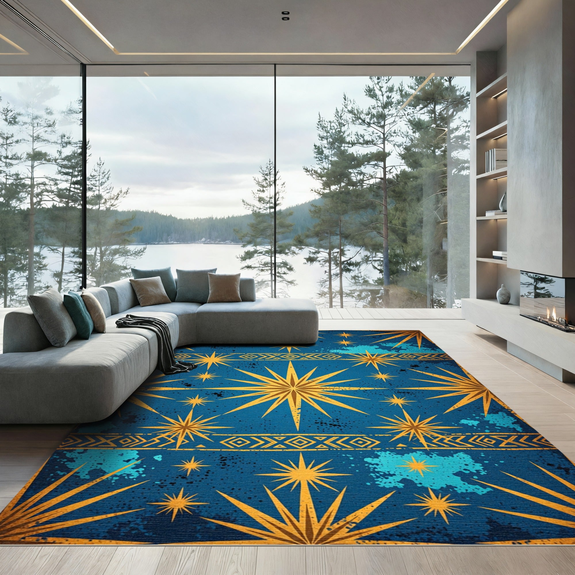 Celestial Gold Starry Blue Geometric Rug
