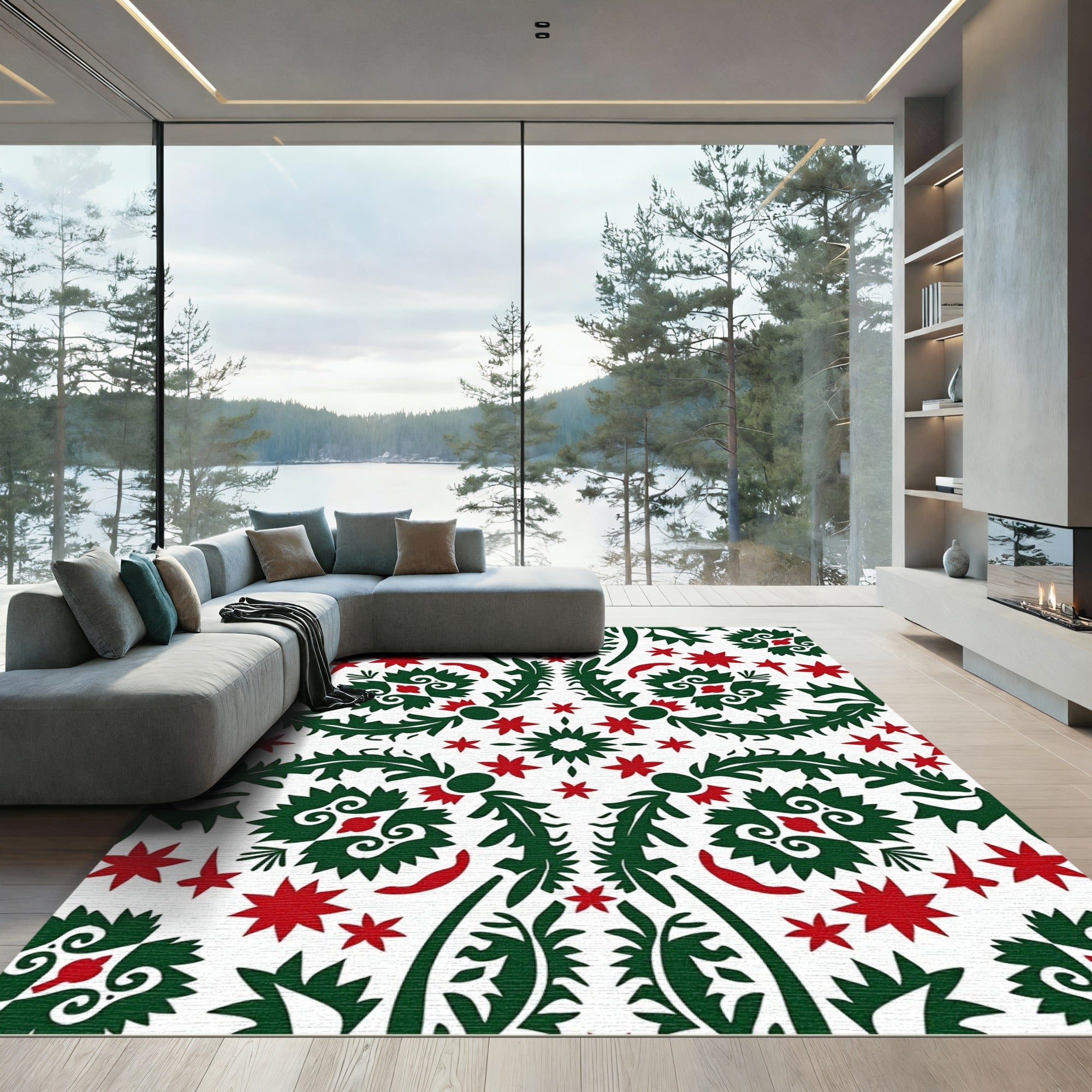 Emerald Red Star Floral Medallion Rug