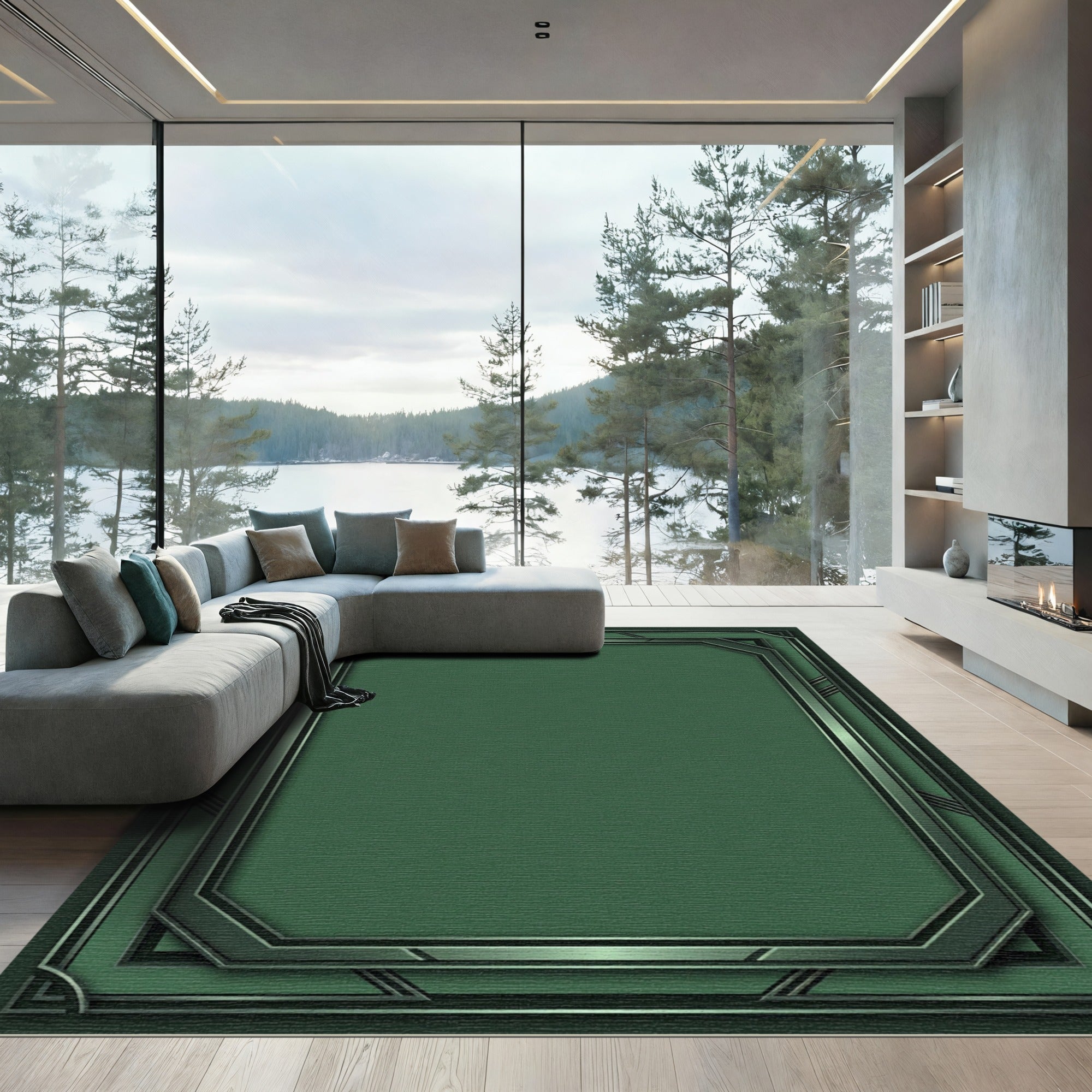 Deep Emerald Geometric Deco Border Rug