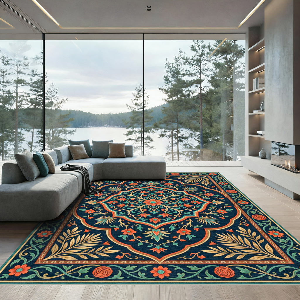 Elegant Teal and Coral Floral Medallion Rug