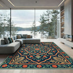 Elegant Teal and Coral Floral Medallion Rug