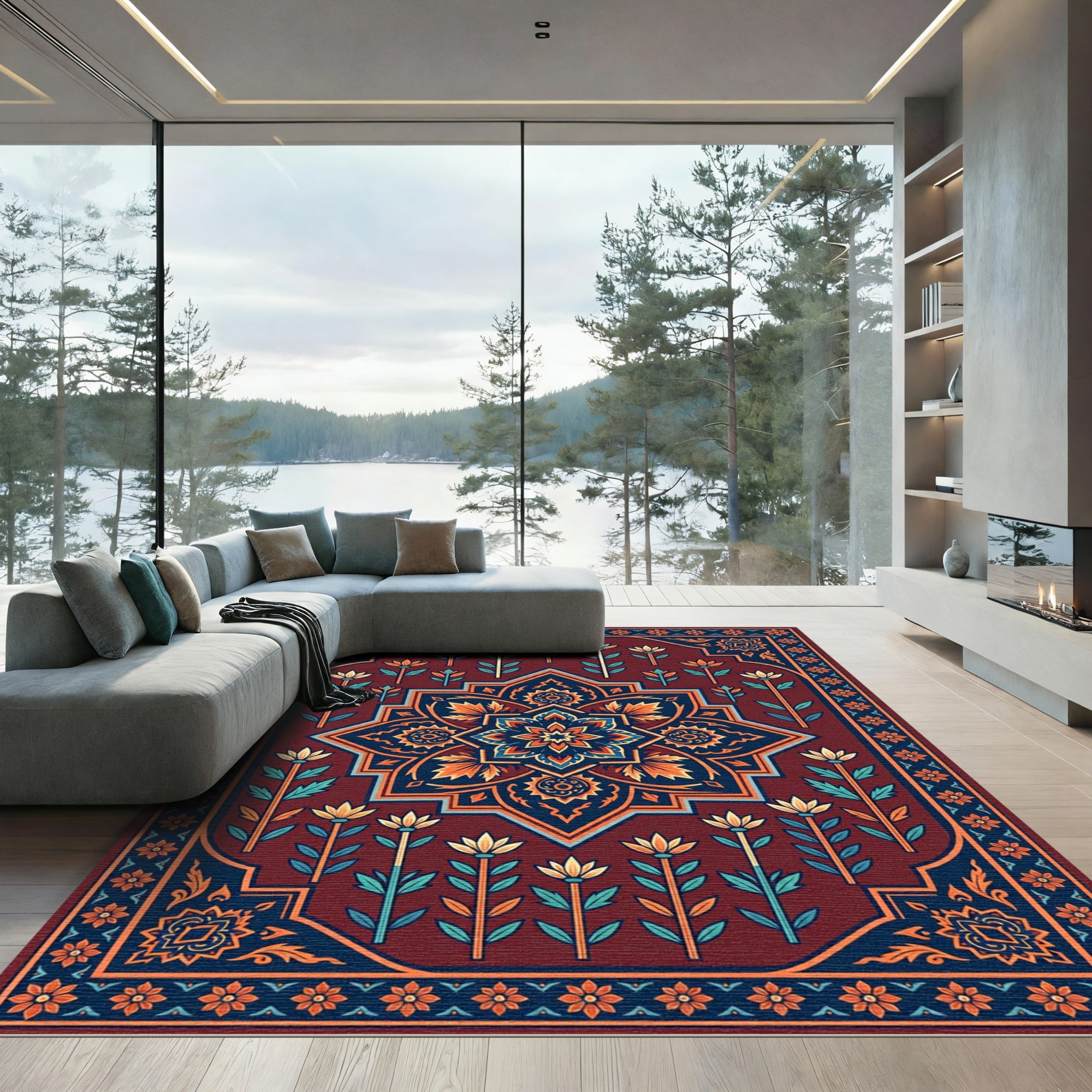 Crimson Navy Floral Medallion Garden Rug