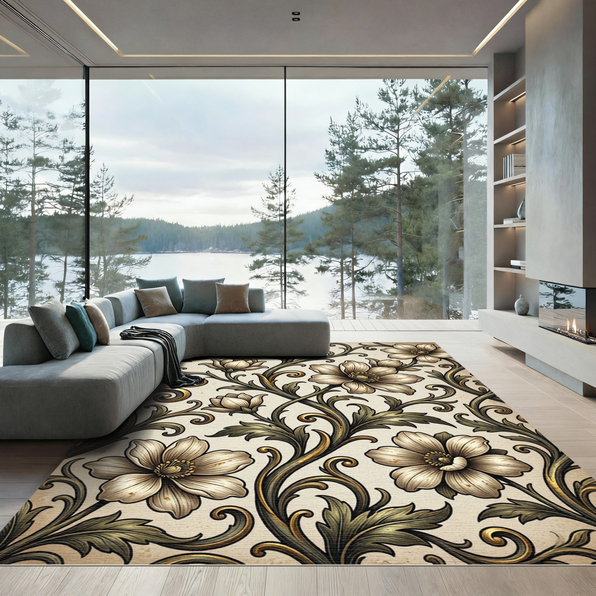 Vintage Cream Floral Golden Vine Scroll Rug