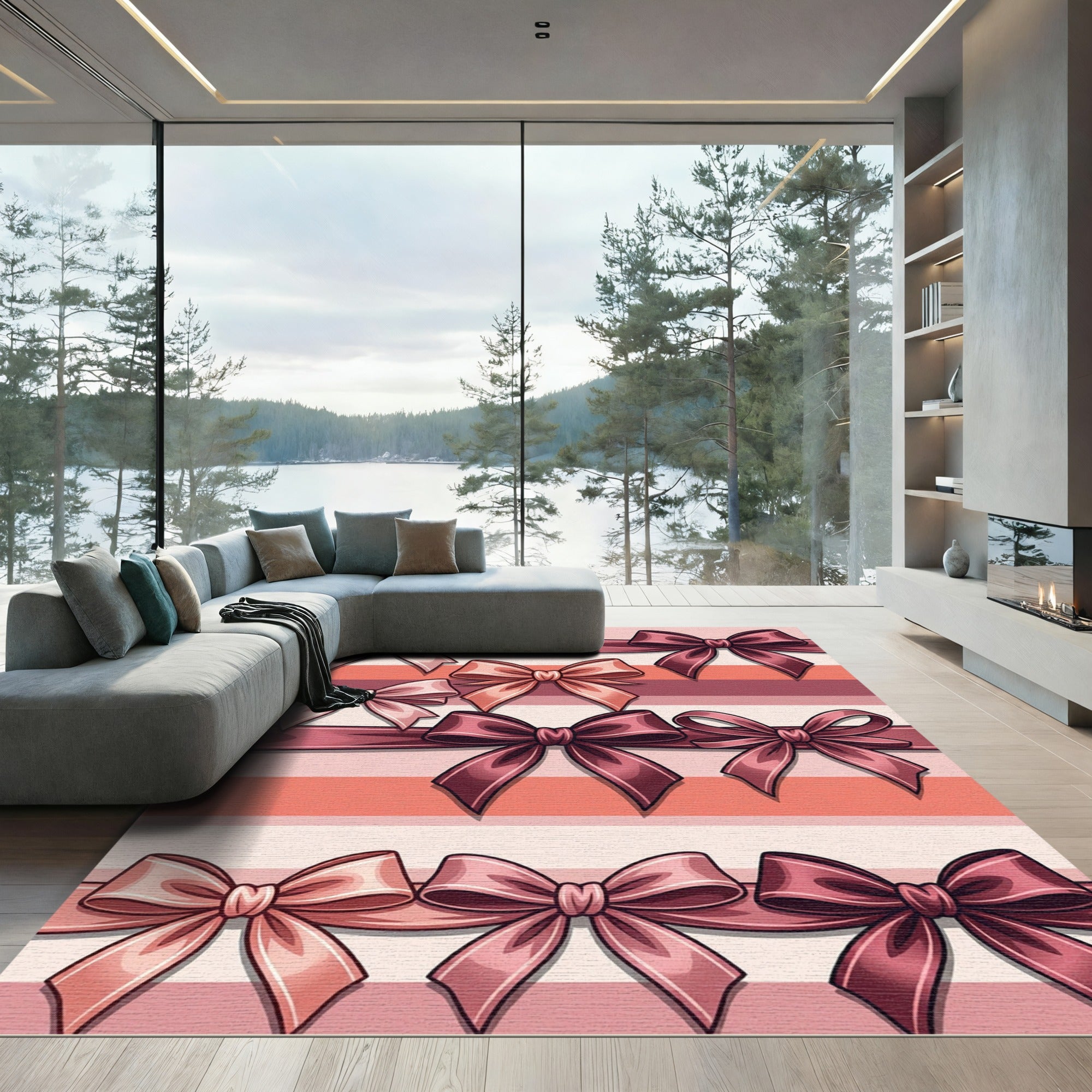 Elegant Blush Rose Ribbon Bows Rug