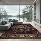 Ornate Burgundy Gold Lotus Mandala Rug