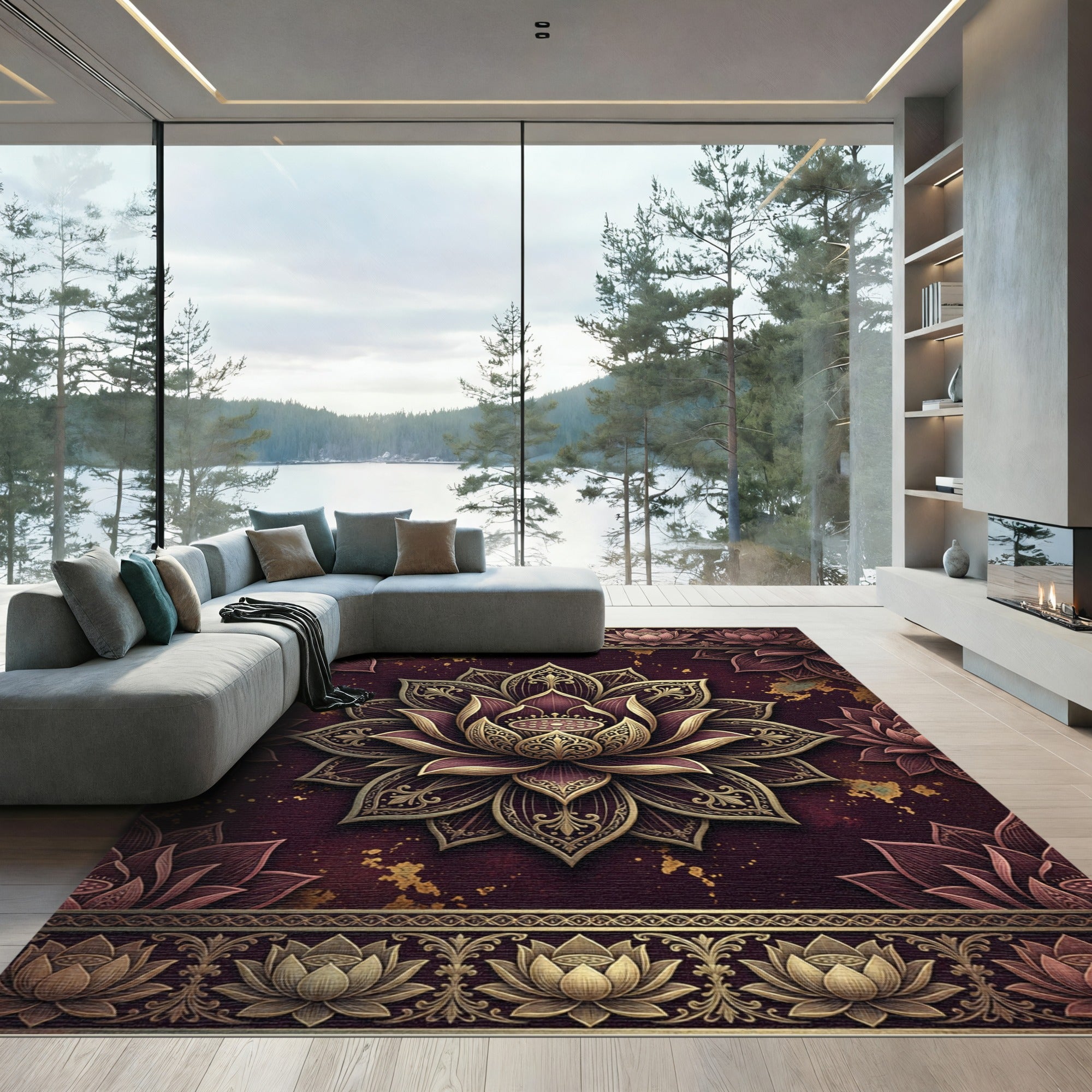 Ornate Burgundy Gold Lotus Mandala Rug