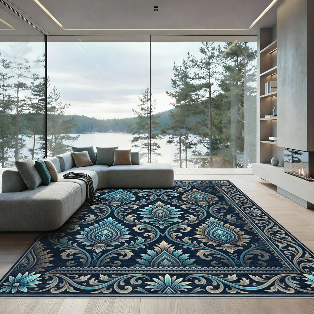 Deep Blue Vintage Floral Scroll Rug