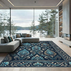 Deep Blue Vintage Floral Scroll Rug