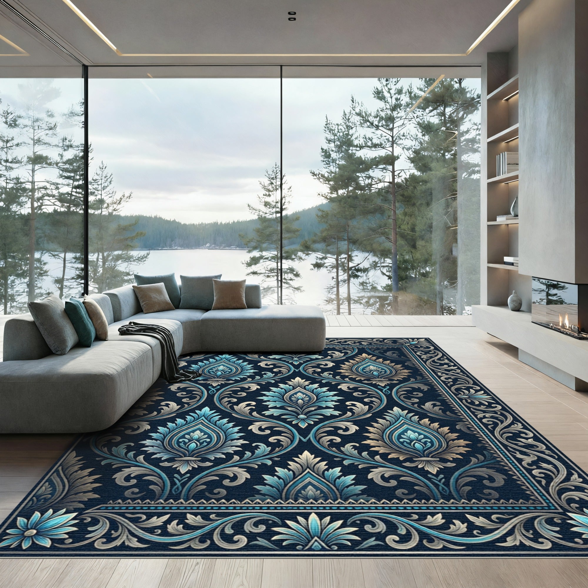 Deep Blue Vintage Floral Scroll Rug