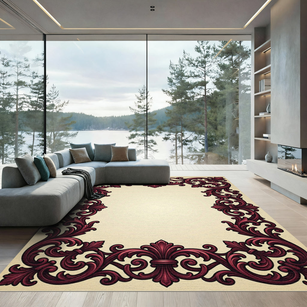 Ornate Deep Burgundy Baroque Scroll Frame Rug