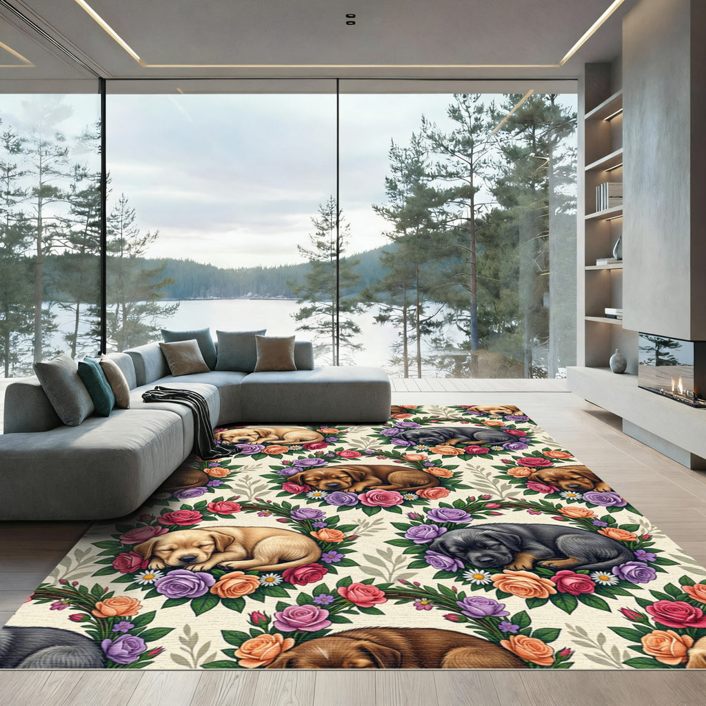 Sleeping Puppy Floral Rose Wreath Rug