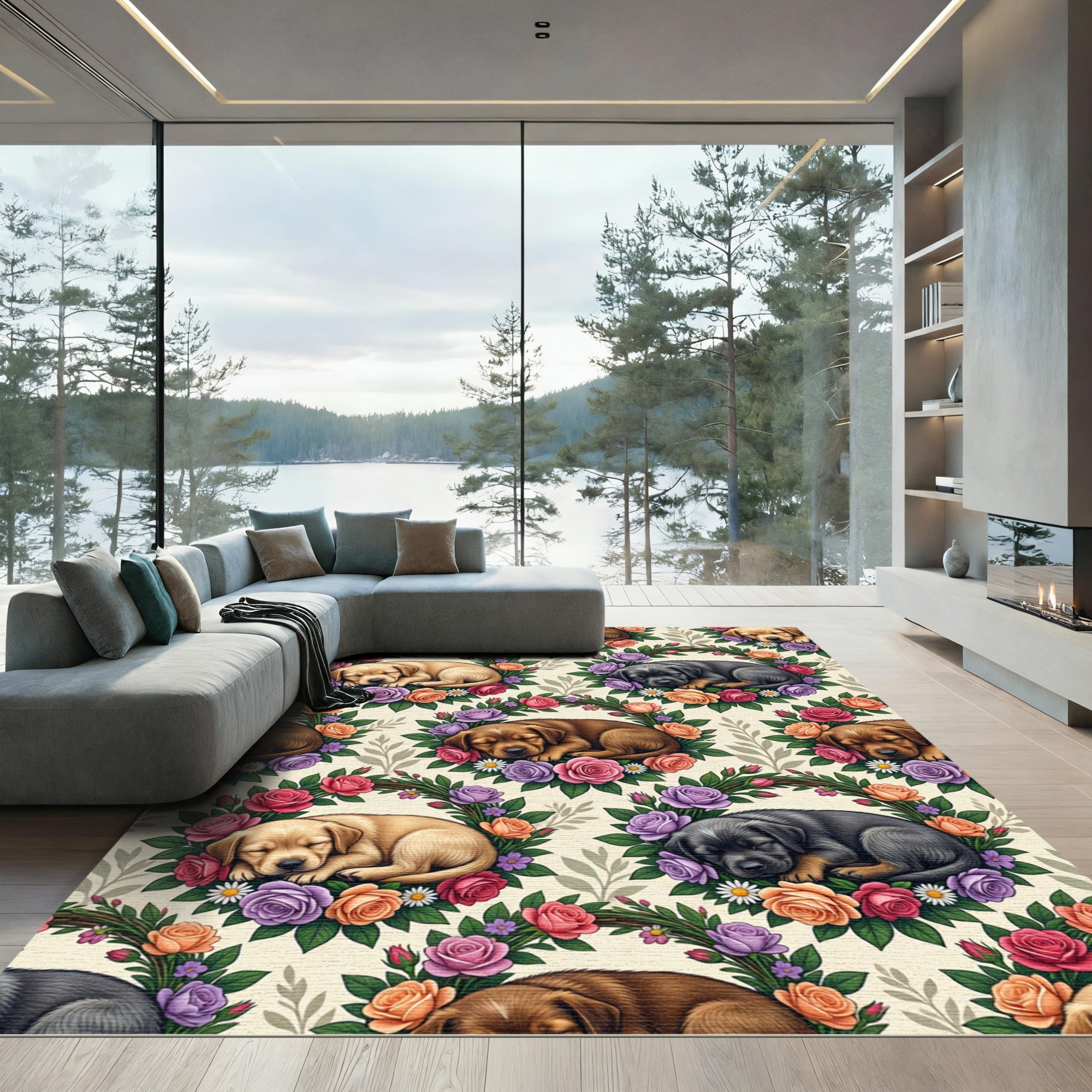 Sleeping Puppy Floral Rose Wreath Rug